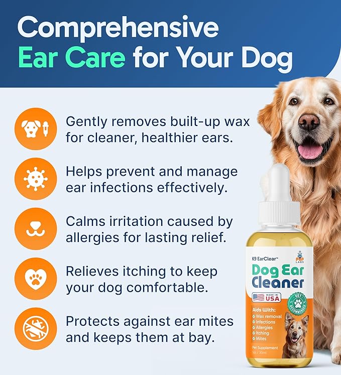 Pup Labs Ear Clear, Natural Dog Ear Cleaner and Infection Treatment for Dogs, Dog Drops for Itching, Irritation, & Wax Build-Up, 1 oz Bottle with Dropper