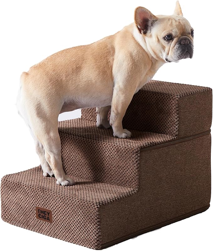 EHEYCIGA Dog Stairs for Small Dogs 13.5" H, 3-Step Extra Wide Dog Steps for Couch Sofa and Chair, Pet Steps for Medium Cats, Non-Slip Balanced Pet Ramp Indoor, Brown