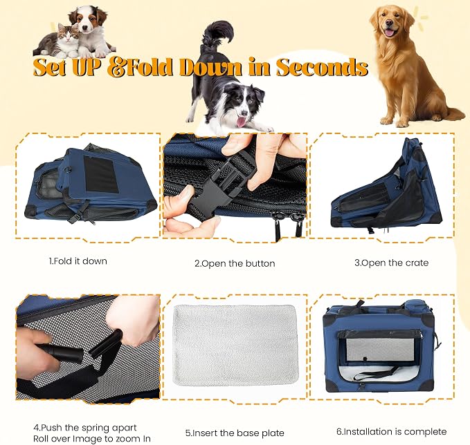 2 in 1 Rolling Dog Crate with Wheels, 24'' Collapsible Travel Pet Carrier for Medium Large Dogs, Portable Folding Kennel with 3-Door Design & Mesh Windows (Dark Blue + 40'')