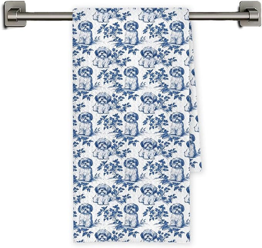 Chicimln Chinoiserie Maltese Dog Kitchen Towels, Maltese Lover Gifts Decorative Hand Towels for Bathroom, Blue and White Dog Dish Tea Towel Drying Cloth for Kitchen Decor, 16x24 Inch