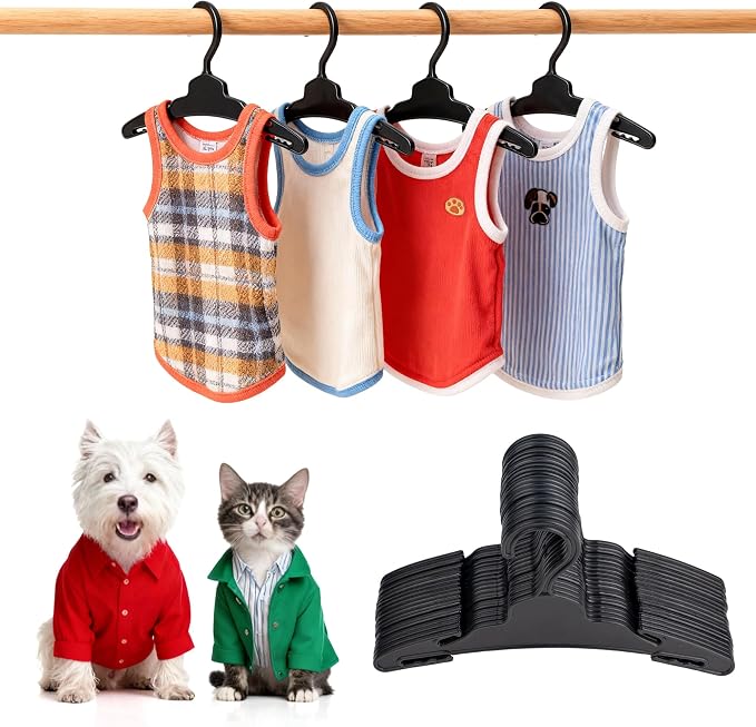 20 Pcs Dog Clothes Hangers 7 Inch Black Plastic Pet Clothes Hangers with Non-Slip Clips, Cat Clothing Hangers, Pet Clothing Holders Coat Hangers for Small Pet Such as Dog & Cat Costumes