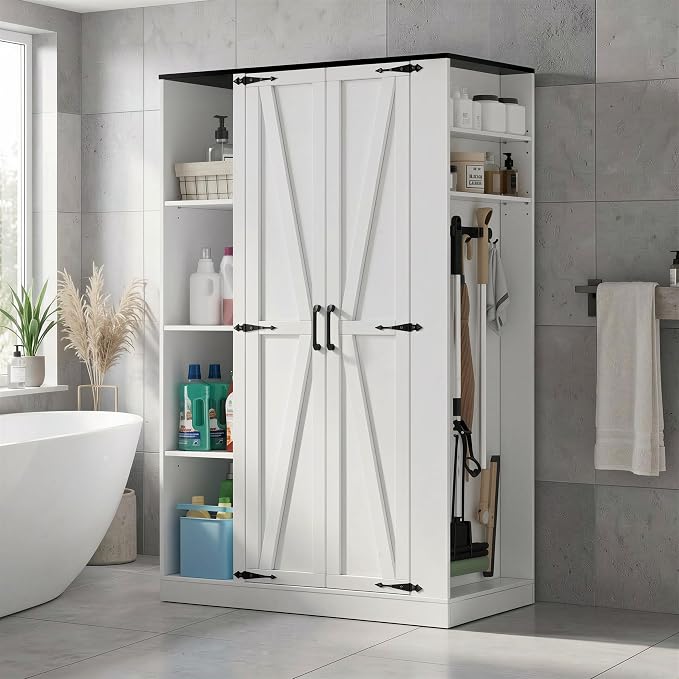Broom Closet Storage Cabinet, 63" H Wooden Vacuum Storage Cabinet, Utility Closet with 2 Doors, Cleaning Tool Organizer with 6 Shelfs and 5 Pack Broom Holder, 63" H×35.4" W×15.7" D,White