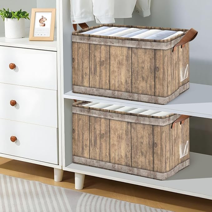 Rust Light Brown Wood Grain Storage Basket Foldable Cube Storage Bins with Handles&Label Collapsible Organizer Box Bin Large Rectangle Decorative Baskets for Shelves Home Living Room Closet