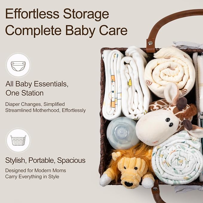 HBlife Large Diaper Caddy Organizer, Washable Waterproof, Portable Plastic Wicker Woven Basket with Divider, Nursery Diaper Station, Baby Shower Gifts Basket & Car Organizer