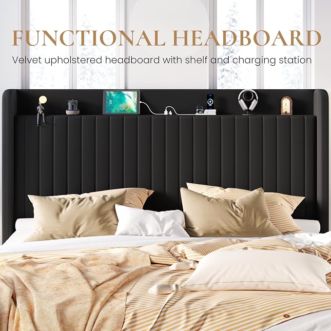 SHA CERLIN King Size Lift Up Storage Bed Frame, Charging Station, Black | Storage Headboard with Charging Station, USB, Type-C Port Velvet Hydraulic Storage Bed No Box Spring Needed Noise Free
