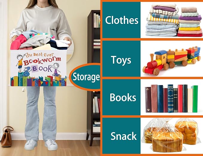 Large Kids Book Storage Bin Collapsible Nursery Toy Basket Canvas Teacher Crate Room Classroom Box Organizer Decor(Color Book)
