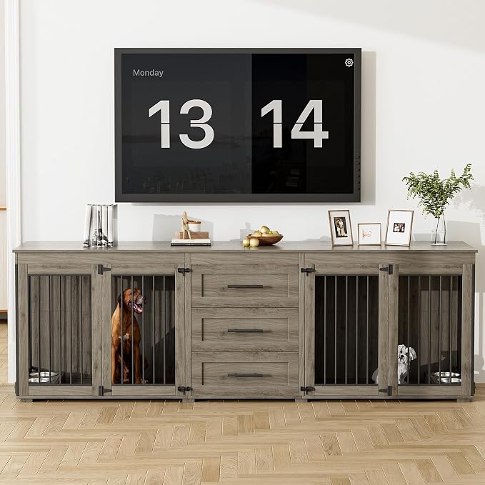 OUYESSIR 94.5" Double Dog Crate Furniture for Medium Large Dogs, Grey | Extra large dog kennel fits 2 Medium or large dogs, 3 Storage Drawers, 4 removable Stainless steel dog bowls, Solid Wood