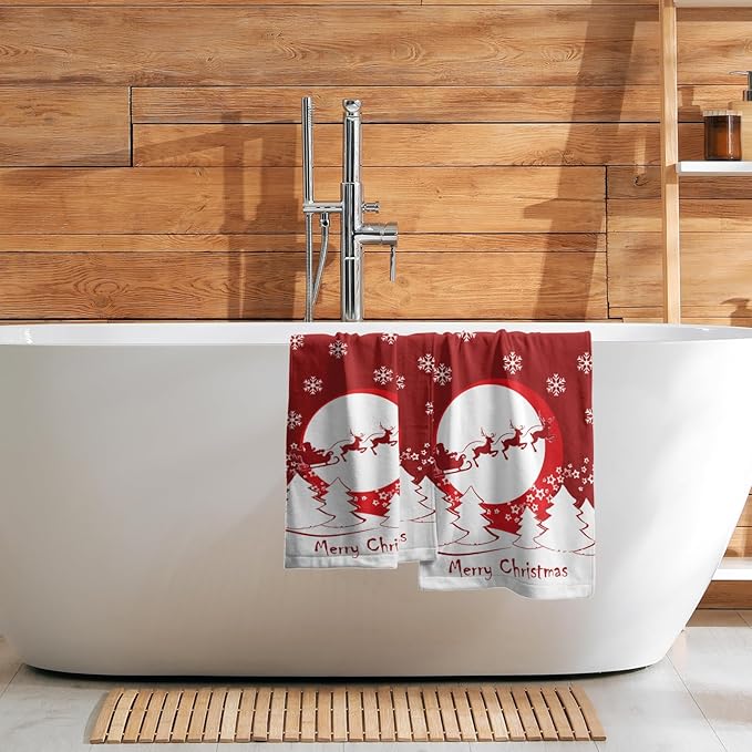 Giwawa Merry Christmas Hand Towel 28.3x14.4in Set of 2 Red Cute Santa Elk Snowflake Christmas Style Ornament Gift Soft Super Absorbent Hand Towels Multipurpose Bathroom, Hotel, Gym and Spa