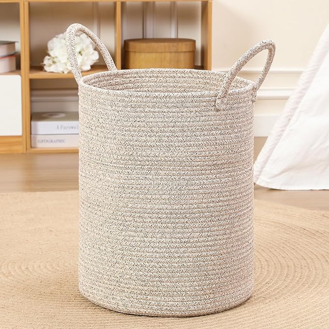 80L Large Woven Laundry Basket Hamper, 100% Natural Cotton Rope, Handwoven & Durable, Storage for Blankets, Toys, Clothes, Decorative Nursery Hamper for Living Room, Baby Room, Bedroom (Brown)
