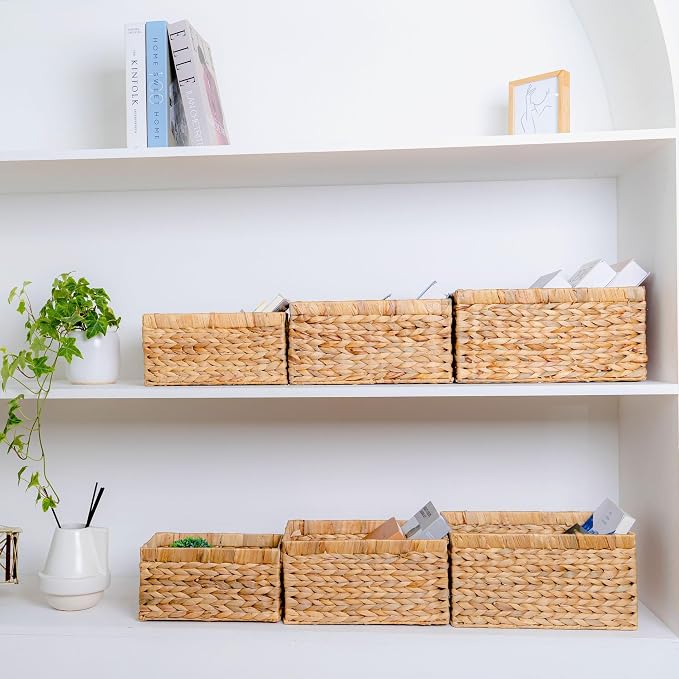 M4DECOR Set of 6 Rectangular Wicker Storage Baskets for Shelves | Water Hyacinth Storage Baskets, Pantry Baskets for Organizing, Handwoven Wicker Baskets for Storage