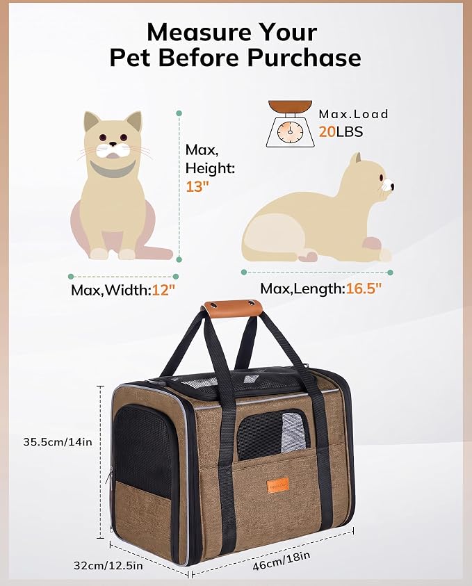 Morpilot Pet Carrier for Large Cats, Puppies & Small Dogs Up to 20lbs | Escape-Proof with Locking Zippers, Dual-Sided Cushion, Safety Buckle for Car & Vet Travel, Includes Foldable Bowl (Brown)
