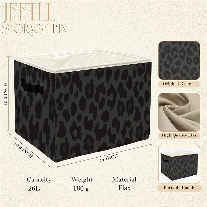 Black Leopard Print Storage Bins with Handles, Cheetah Print Room Decor, Trendy Leopard Collapsible Laundry Basket Storage Box for Home Bedroom Bathroom Clothes Toys Books