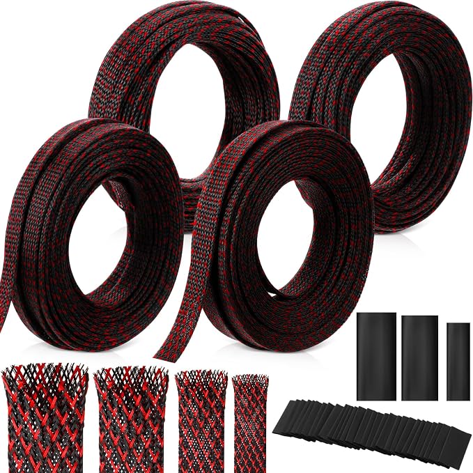Tatuo 151 ft Braided Cable Sleeve Expandable Wire Sheathing(Red, Black) | with 120 Heat Shrink Tubing 1/4 in 2/5 in 1/2 in 3/4 in Wire Sleeve Cord Management for Television Audio Computer Video Pets