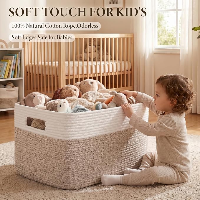 96L XL Large Cotton Rope Basket, Soft Toy Storage Bin for Nursery & Living Room, Decorative Blanket Basket for Bedroom, Baby-Safe Organizer for Pillows &Laundry, 24''×16''×15'', Brown & White