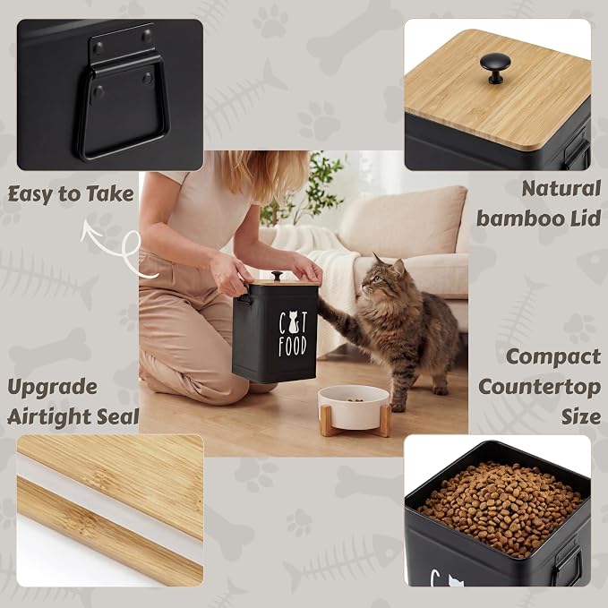 PERFNIQUE Cat Food Storage Container, Airtight Cat Treat Container with Bamboo Lid, Pet Food Storage for Kitchen Countertop, Treat Jars for Pets, Cat Food Container (Black, with Spoon)