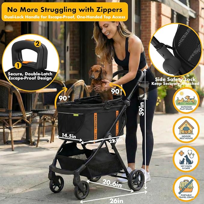 PAWZIDEA Pet Stroller 4-in-1, Foldable Dog Stroller with Detachable Carrier | Escape-Proof No-Zip Canopy, Portable Travel Crate & Car Seat Combo, for Small to Medium Dogs & Cats up 33 lbs, Storage Basket