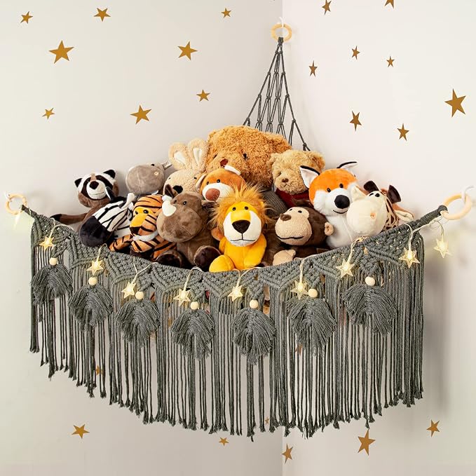 Macrame Stuffed Animal Storage with Star Light, Corner Hammock for Nursery | Corner Hanging Stuffed Animal Net Organizer for Girls' Room, Plushies Toy Wall Hanging Display Holder, Kid Gift