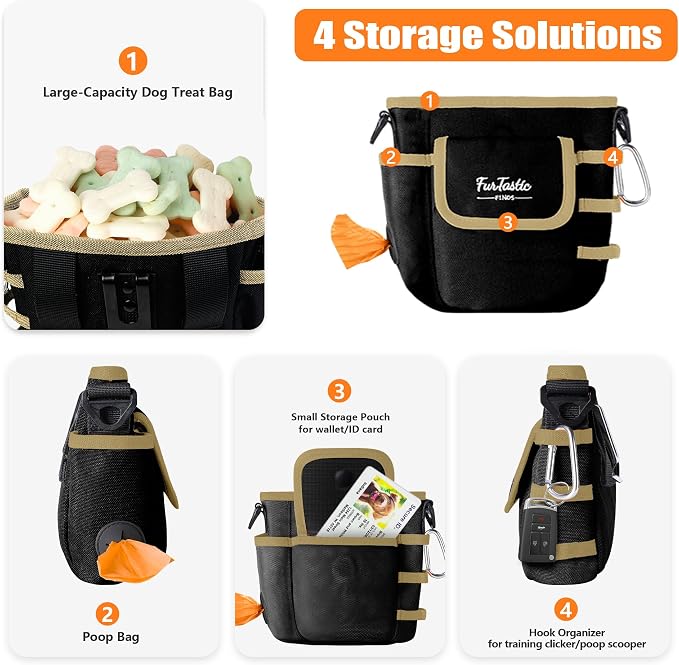Dog Treat Pouch with Magnetic Closure for Pet Training | 3-Way Wear Treat Bag, 900D Waterproof Fabric, 4 Storage Spaces for Walking, Hiking, Agility, Training & Daily Rewards