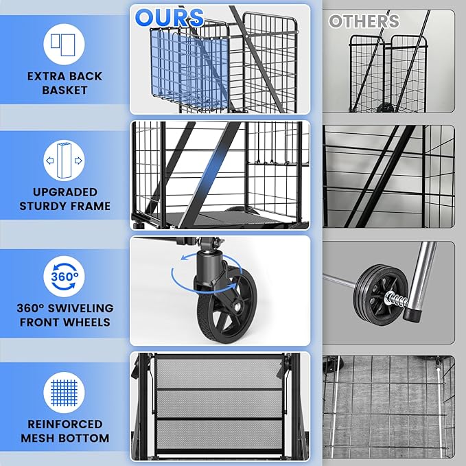 450lbs Capacity Shopping Cart,Upgrade Huge Grocery Cart on Wheels | Heavy Duty Foldable Utility Shopping Carts with Double Basket and 360° Rolling Swivel Wheels for Groceries Laundry Transport