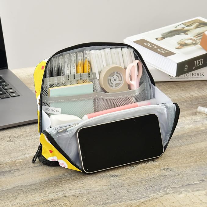 Aslsiy Large Capacity Pencil Case Cute Pet Paws on Yellow (1) Pencil Pouch for Boys Girls Portable Pen Bag Organizer Standing Makeup Bag for School Office Supplies