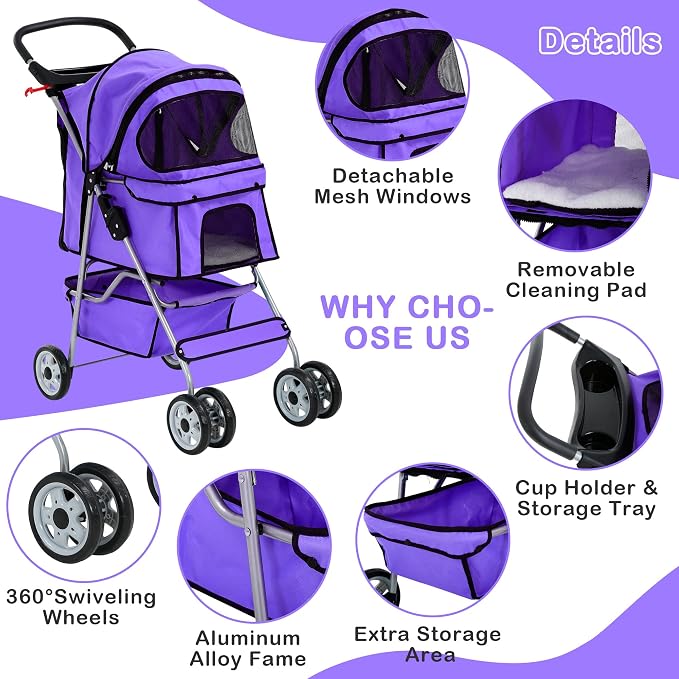 Pet Stroller,4 Wheels Dog Stroller with Storage Basket,Compact Portable Folding Carrier for Travel,Camping,Dog Carrier for Small Medium Dogs Or Cats,Lightweight Waterproof Pet Stroller,Purple