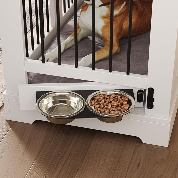 Merax 43.3" Farmhouse Dog Crate Furniture with Rotating Bowls & Drawers – Wooden Indoor Pet Kennel Side Table with Metal Bars – Stylish Dog House for Medium to Large Breeds, White & Brown