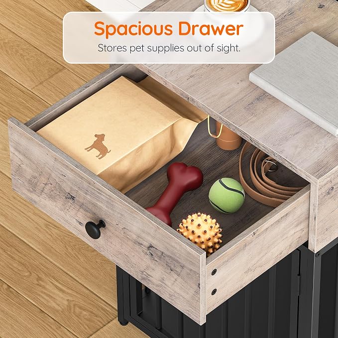 HOOBRO Dog Crate Furniture, Wooden Dog House, Decorative Dog Kennel with Drawer, Indoor Pet Crate End Table for Small Dog, Steel-Tube Puppy Cage, Chew-Proof, Greige BG01GW03