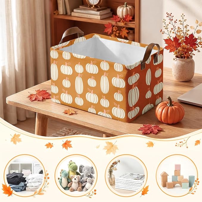 Britimes Fall Pumpkin Storage Baskets for Gift, Toy Storage Bins Box, 3Pcs | Autumn Harvest Canvas Collapsible Baskets Organizer with Handles Fall Nursery Decor Laundry Basket for Shelves Closet