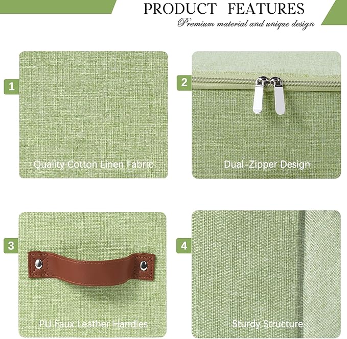 Storage Bins with Zipper Lid Decorative Lidded Box Fabric Baskets | Collapsible Shelf Closet Organizer Container, Cotton Linen Fabric Boxes, PU Leather Handle, Stackable Washable (Green, Large)