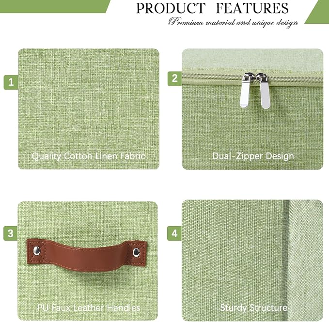 Storage Bins with Zipper Lid Decorative Lidded Box Fabric Baskets | Collapsible Shelf Closet Organizer Container, Cotton Linen Fabric Boxes, PU Leather Handle, Stackable Washable (Green, Small)