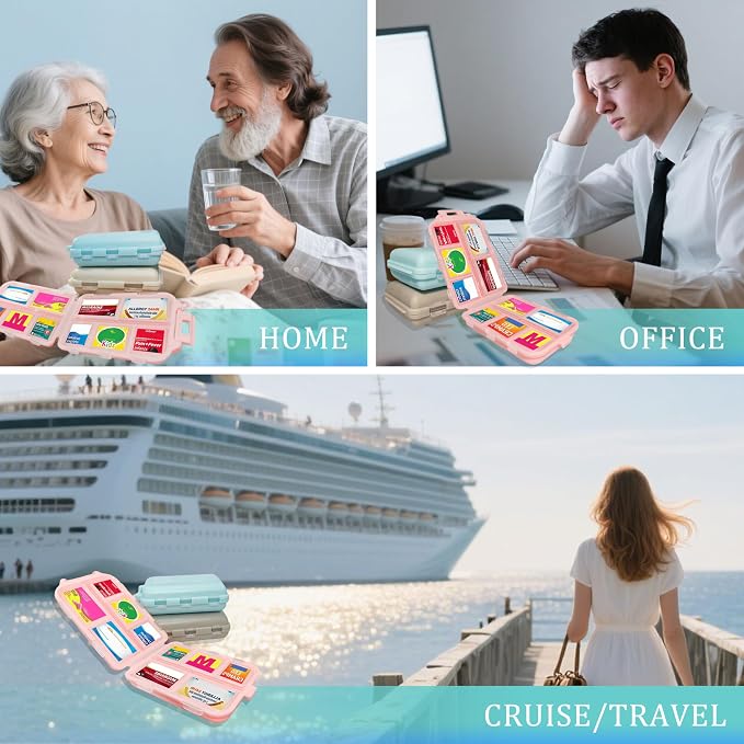 Pill Organizer 3 Pack with 146x3 Medicine Labels, Pink Blue Purple | Set of 3 travel pill cases with 10 compartments each and 146 medicine labels for 7-day planning, daily use, work, and trips