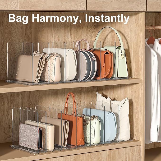 SortNStore Bag & Purse Organizer for Closet: Adjustable Clear Dividers | Plastic Clutch for Closet Organizers Handbag Storage - Keep Carteras & Pocketbook Upright
