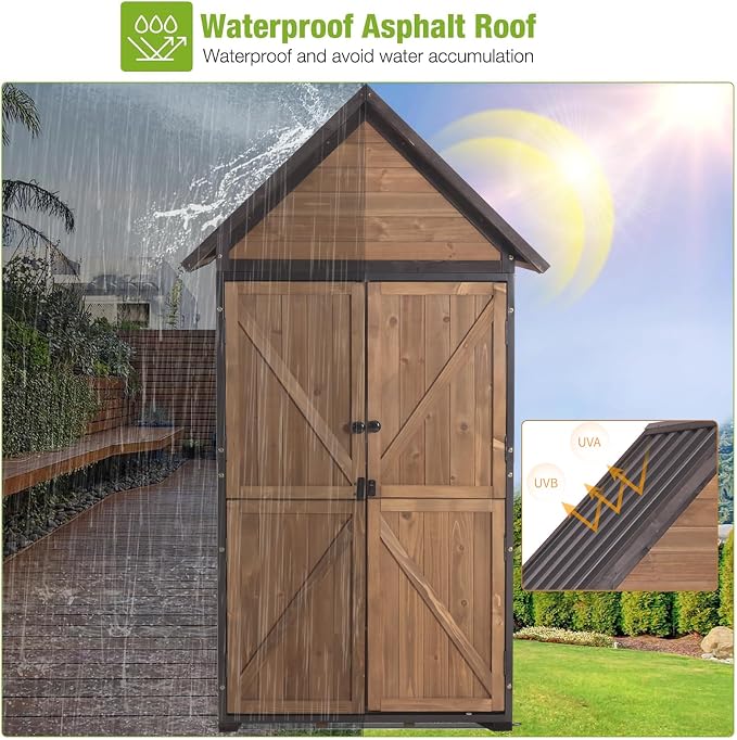 GUTINNEEN Outdoor Storage Shed with All Around Strong Metal Frame, Garden Tool Sheds Cabinet with Floor & Adjustable Shelves, Wooden Tool House for Backyard Garden Patio Lawn 67.1" H (Dark Brown)