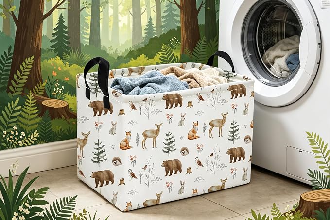 Essme Rectangular Animal Basket,Kids Storage Bins Organizer with Handles for Woodland Room Decor, Gift Basket,Shelf Basket.(Woodland Animal)