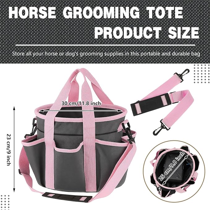 Abbylike Grooming Tote,Stylish,10.63 x 10.63 x 9.45 Inch,Grey and Pink | Tote Bag for Horses and Dogs, Organize Tack Tools Equestrian Grooming Kit, Care Portable with Multiple Pockets for Supplies