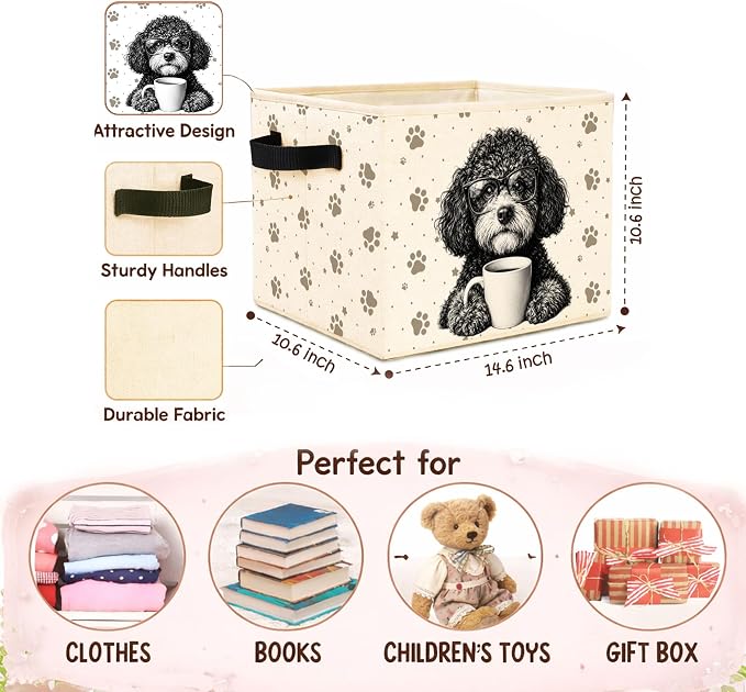 Poodle Coffee Storage Bin, Foldable Fabric Organizer Basket | Cute poodle coffee storage bin with glasses dog artwork, paw print pattern, foldable design and side handles.