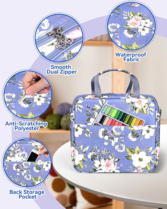 Telawsfun Embroidery Project Bag Organizer, Embroidery Supply Storage Bag with Removable Binder, Portable Carrying Tote for Thread Tools and Accessoriess, Bag Only (Flower)