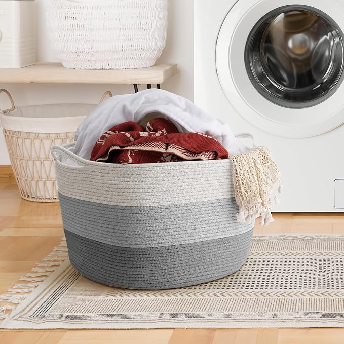 Maliton Woven Rope Blanket Basket Living Room, Storage Basket for Toy, 90L | 22x22x14 cotton rope basket. Holds blankets, toys & towels & laundry. For bedroom, nursery, bath & playroom. Soft & durable.