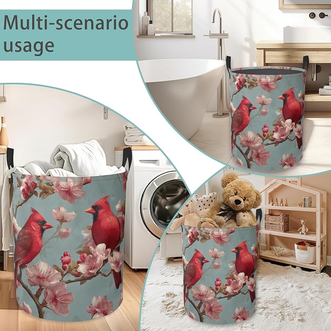 Laundry Basket With Handle, Dirty Clothes Laundry Hamper, Oxford Cloth Bin Storage Organizer for Toy Collection (Spring Cardinal Bird)