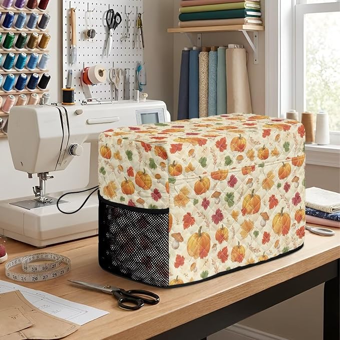 Sewing Machine Cover Polyester Febric Thanksgiving Pumpkin Maple | Dust Pet Hair Protection,Quilting Design,Fits Standard Singer,Brother Janome Machines,Protecting Decorating Your Sewing Space