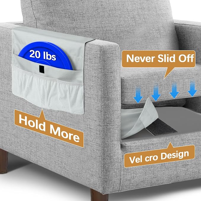 WOMACO Sofa Armrest Remote Magazine Holder, Non-Slip Armchair Recliner Caddy, Couch Arms TV Remote Control Organizer for Tablet, Phone, iPad, Laptop (Light Gray, 16" x 35")