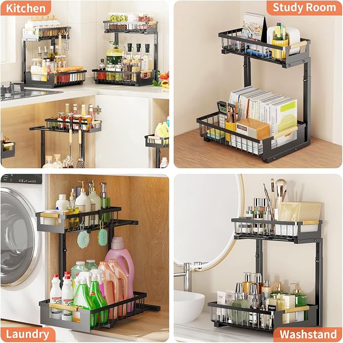 Under Sink Organizer, 2-Tier Slide Out Under Cabinet Storage for Kitchen/Bathroom, Adjustable Double Layer Under Sink Drawers, Space Saving Inder Sink Organizer for Cleaning Supplies(Black,2 Packs)