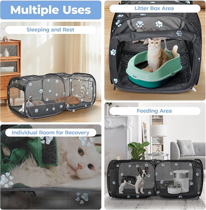 2-in-1 Dog Playpen 58''Pop Up Cat Pet Playpen, Assembly-Free Indoor Outdoor Kitten Enclosure, Breathable Cat Cage Portable Puppy Tent Crates,Spacious Kennel for Small Animals, No Confinement Feel(M)
