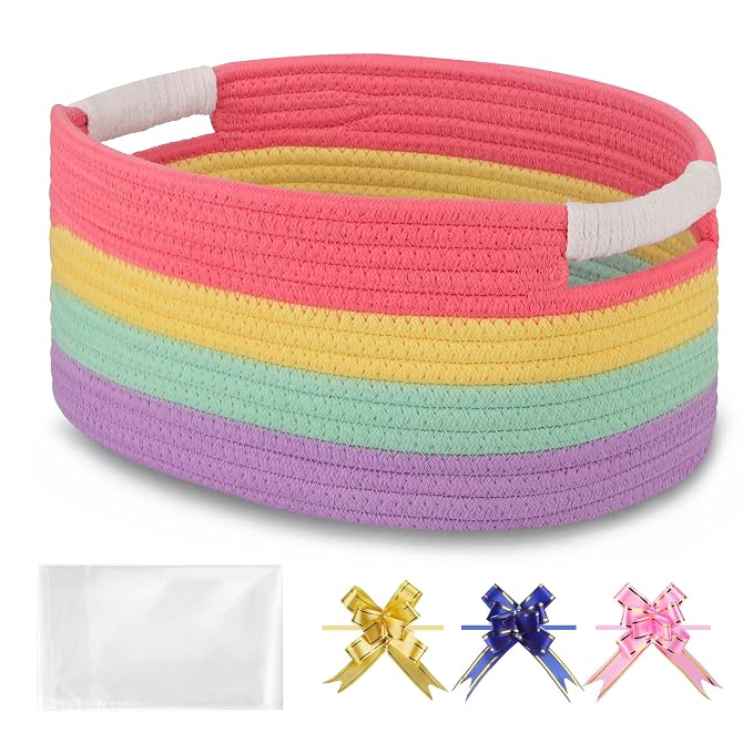 Small Woven Gift Basket with Bag & Ribbons, Rainbow | Cotton Rope, 13”x 9”x 5.5”, Fits for Kids, Women & Men, Bedroom, Living Room, Nursery & Bathroom Storage, Cat & Dog Toy Boxes
