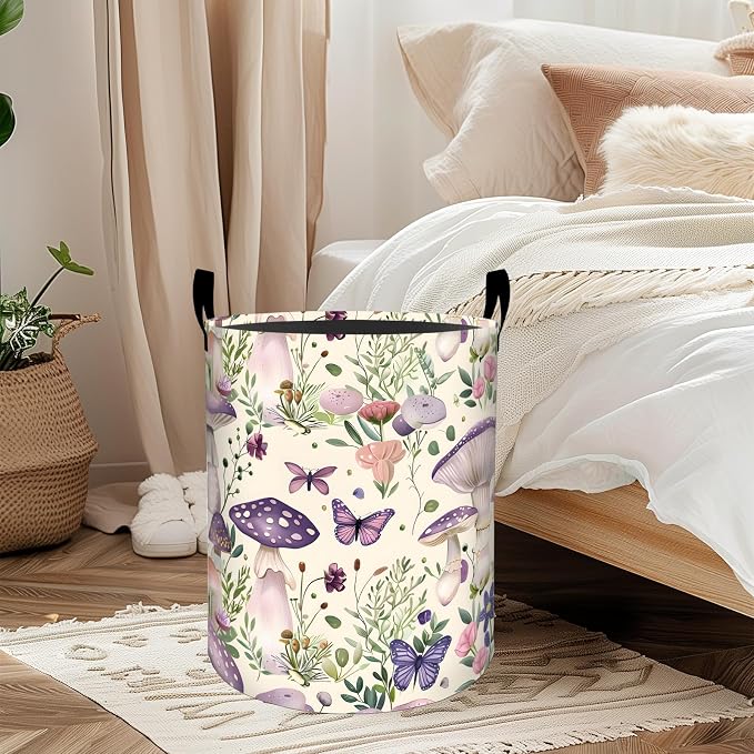 Mushroom Floral Laundry Basket, Oxford Cloth Pastel Dreamy Dirty Clothes Collapsible Hamper for Room Decor, Butterfly Flower Print Gifts Toy Organizer 19.7*15.7 Inch for Bedroom Bathroom Dorm