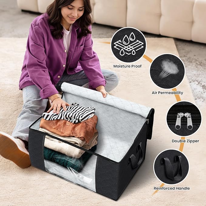 6 Pack Storage Bags for Clothes Blanket Storage Bins with Lids | Foldable Closet Organizers with Zippers,Window and Handles,Fabric Storage Bins for Sweater,Comforter,Bedding,Dorm essentials