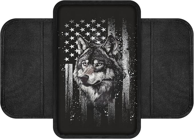 Howilath Car Console Cover, Arm Rest Cover for Car with Storage Pockets | Vintage Flag Wolf Elastic Strap Install, No Tools Needed, Washable, Protects Armrest from Pet Claws and Dirt