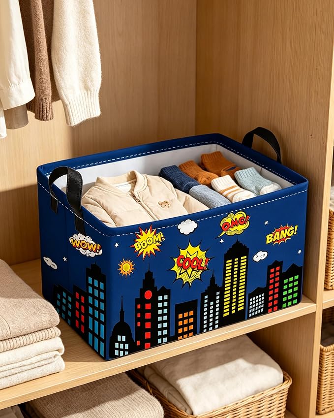 Essme Rectangular Spider Basket,Kids Storage Bins Organizer with Handles for Girls Room Decor, Gift Basket,Shelf Basket.(Bule City)