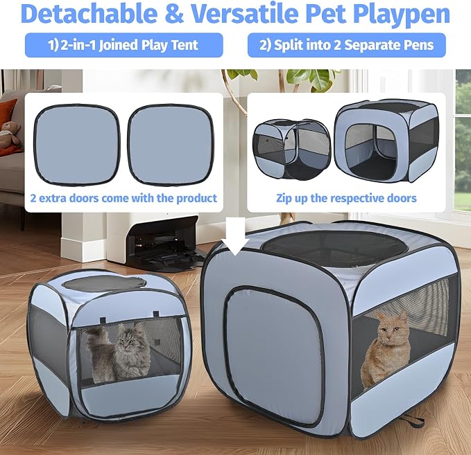 2-in-1 Portable Cat Playpen, Detachable into 2 Separate Cages with Additional 2 Doors, Pop up Pet Play Pen Cat Tent House, Foldable Puppy Enclosure Kitten Crates Indoors Outdoor(Grey)