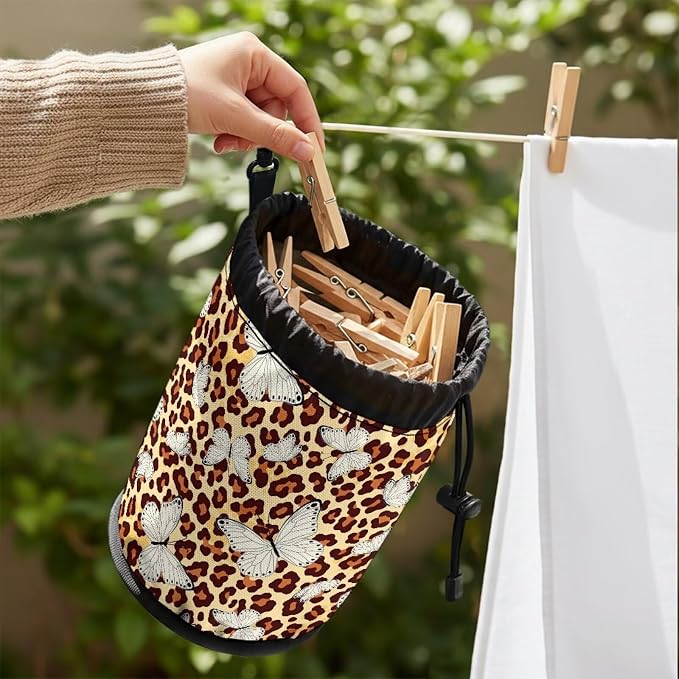 Drawstring Clothespin Organizer, Leopard Print Butterfly Portable Laundry Peg Bag with Hanging Grommet, Storage Pouch for Clips, Ideal for Drying Rack, Camping Gear, Home Use